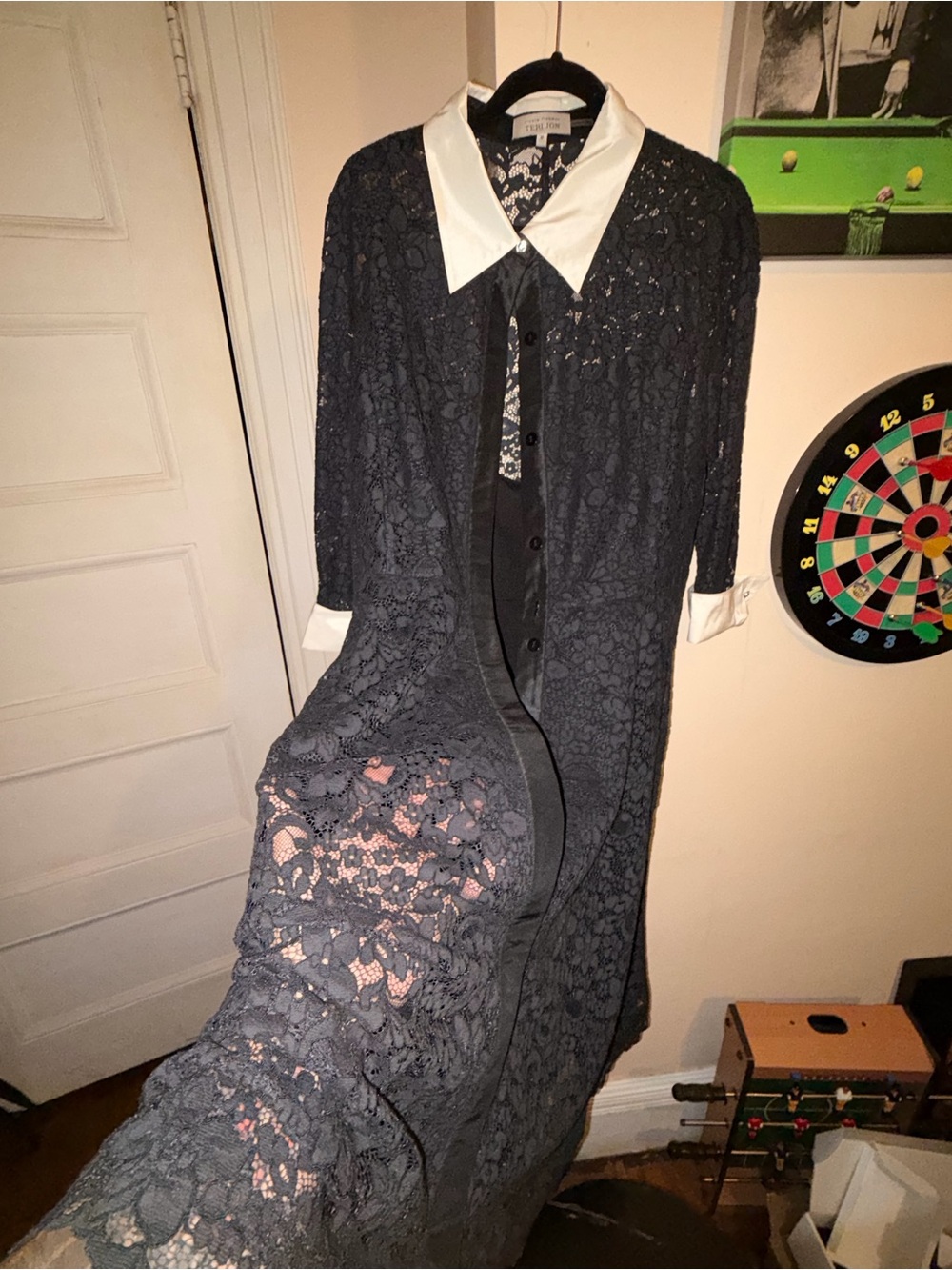 Teri Jon Black Lace Maxi Dress with White Collar and Cuffs - Picture 9 of 16